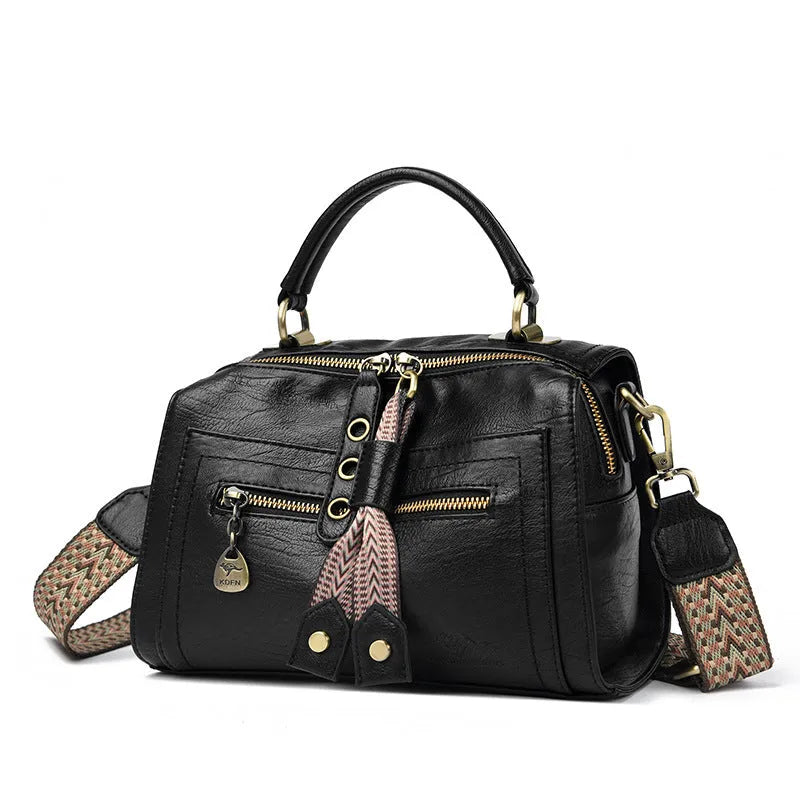 Retro soft PU one-shoulder crossbody bag with horizontal square shape and sandwich pocket in various colours