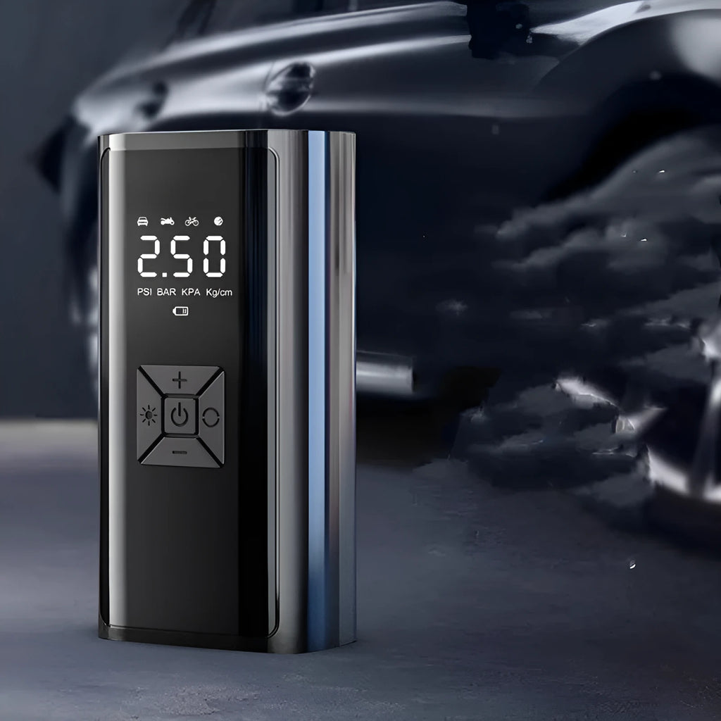 Portable wireless car tyre pump with digital display, 120W, ABS metal body, and LED light