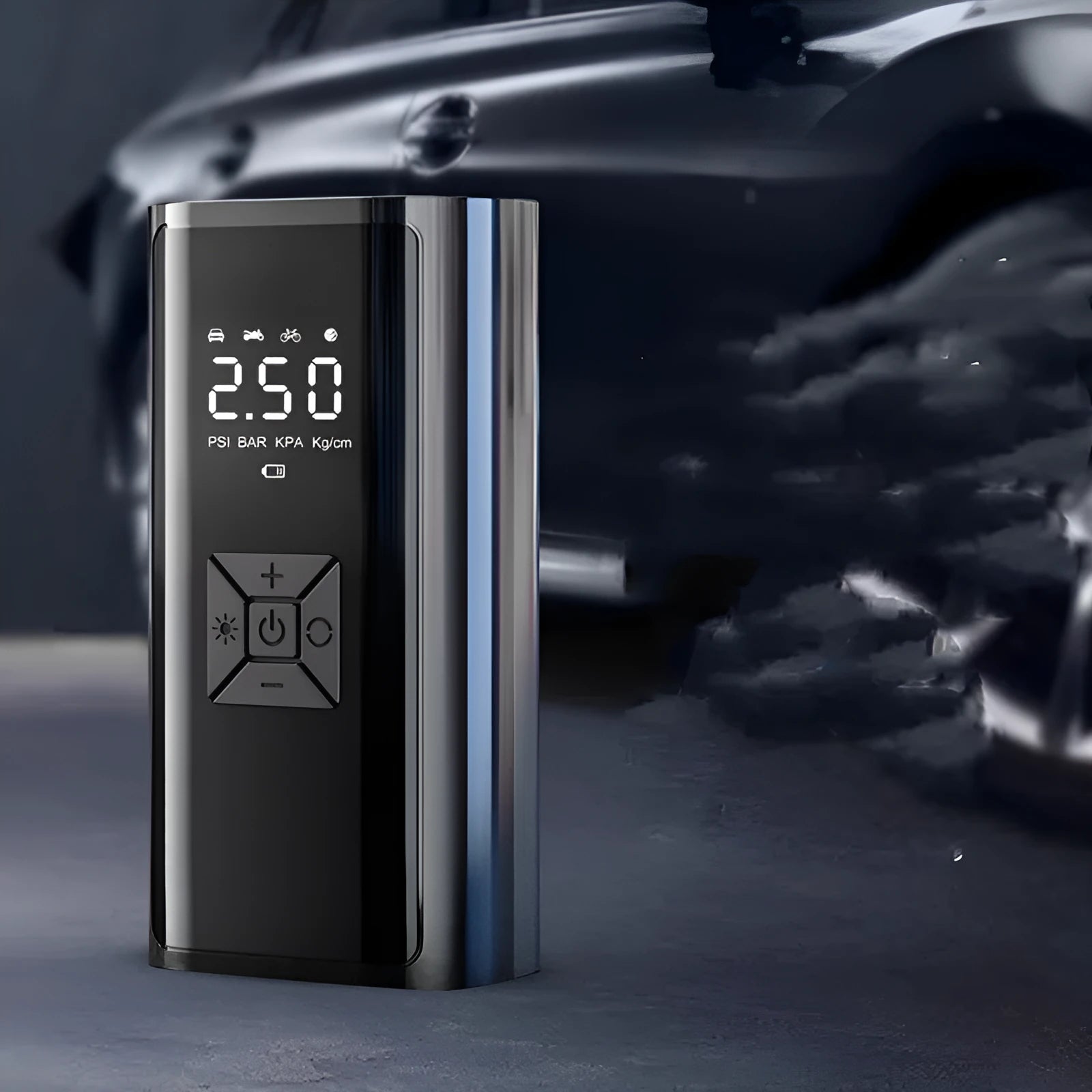 Portable wireless car tyre pump with digital display, 120W, ABS metal body, and LED light