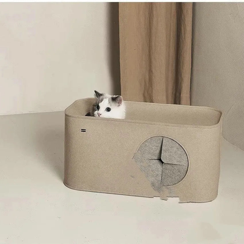 Foldable felt cat nest in gray, size 52x26x26cm, shown as a pet bed for indoor use