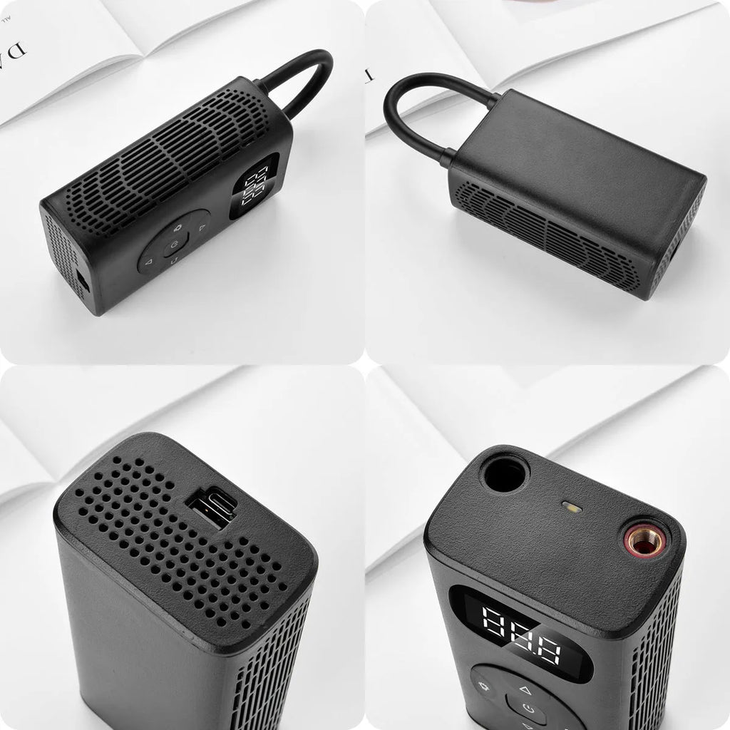 Black aviation aluminium portable tyre inflator with digital display and USB charging port