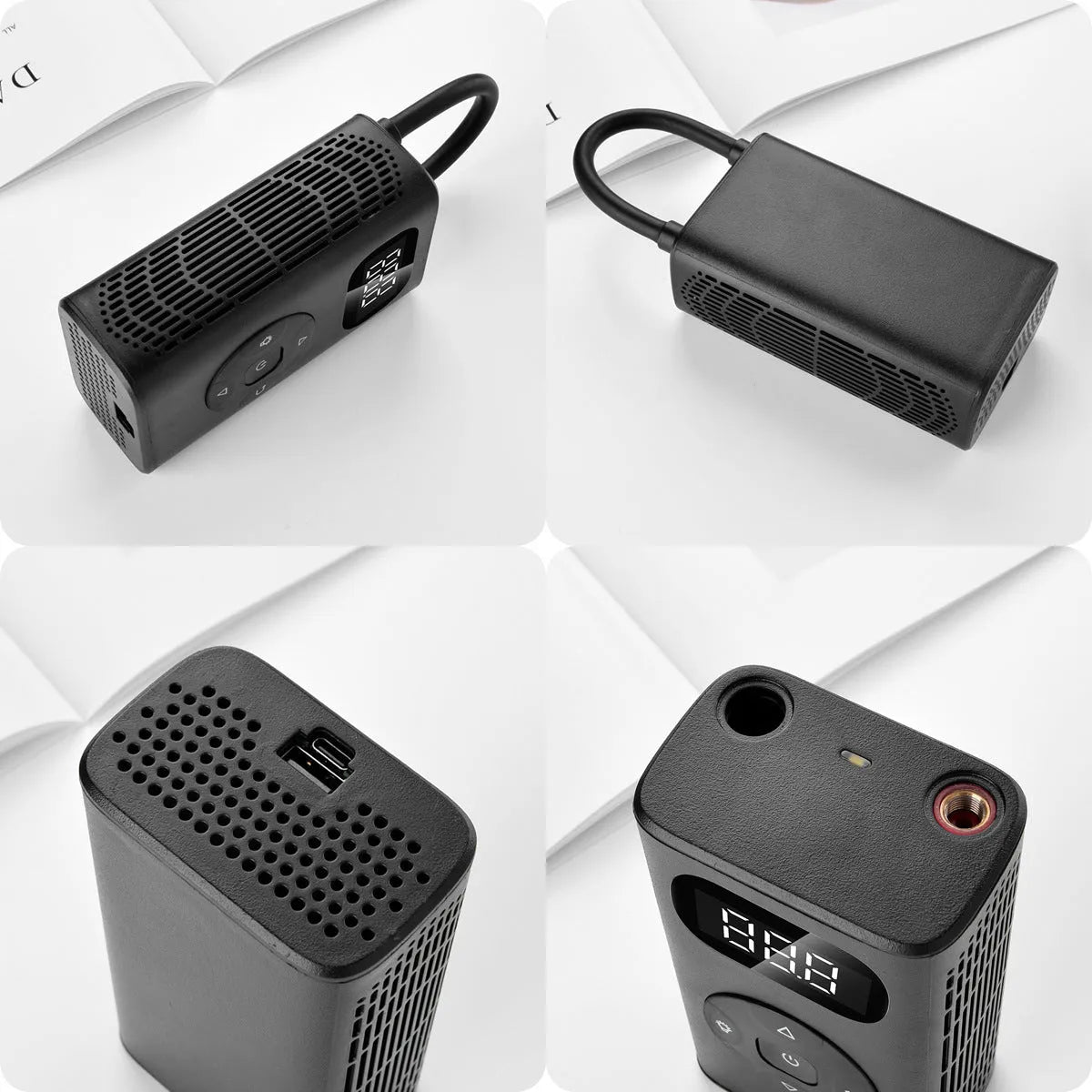 Black aviation aluminium portable tyre inflator with digital display and USB charging port