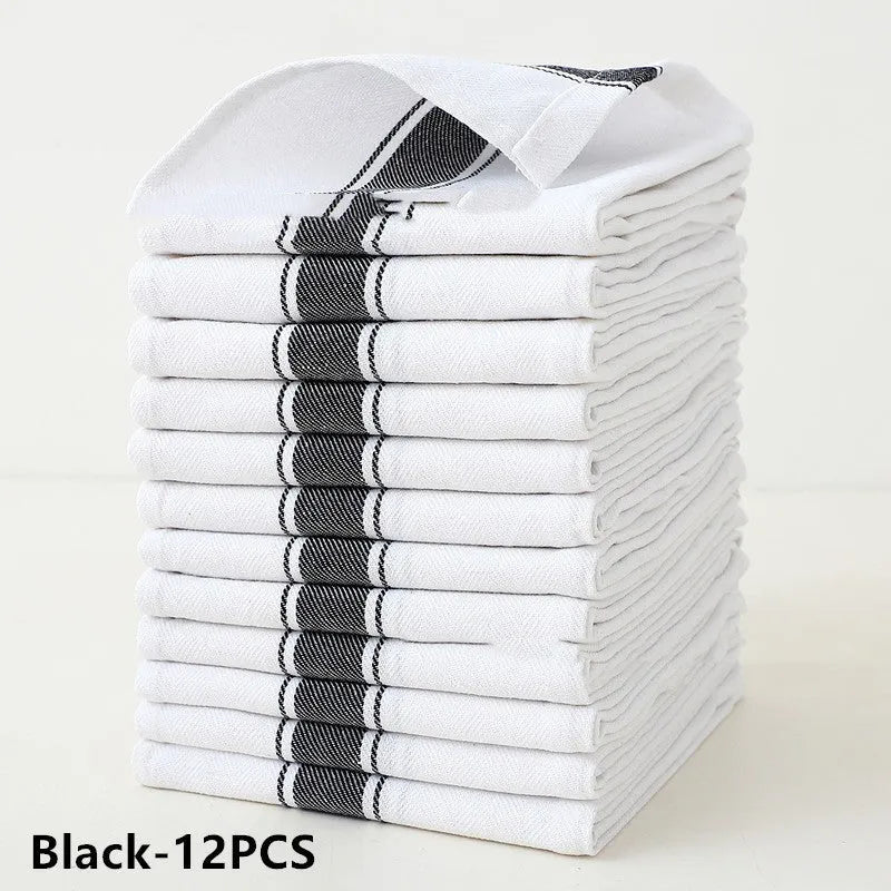 Twelve polyester cotton blended kitchen dishwashing towels in 48x70cm size showing colour options