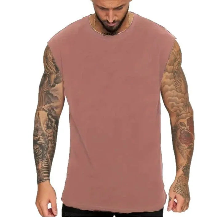 Men's loose solid colour cotton sleeveless tank top on a hanger