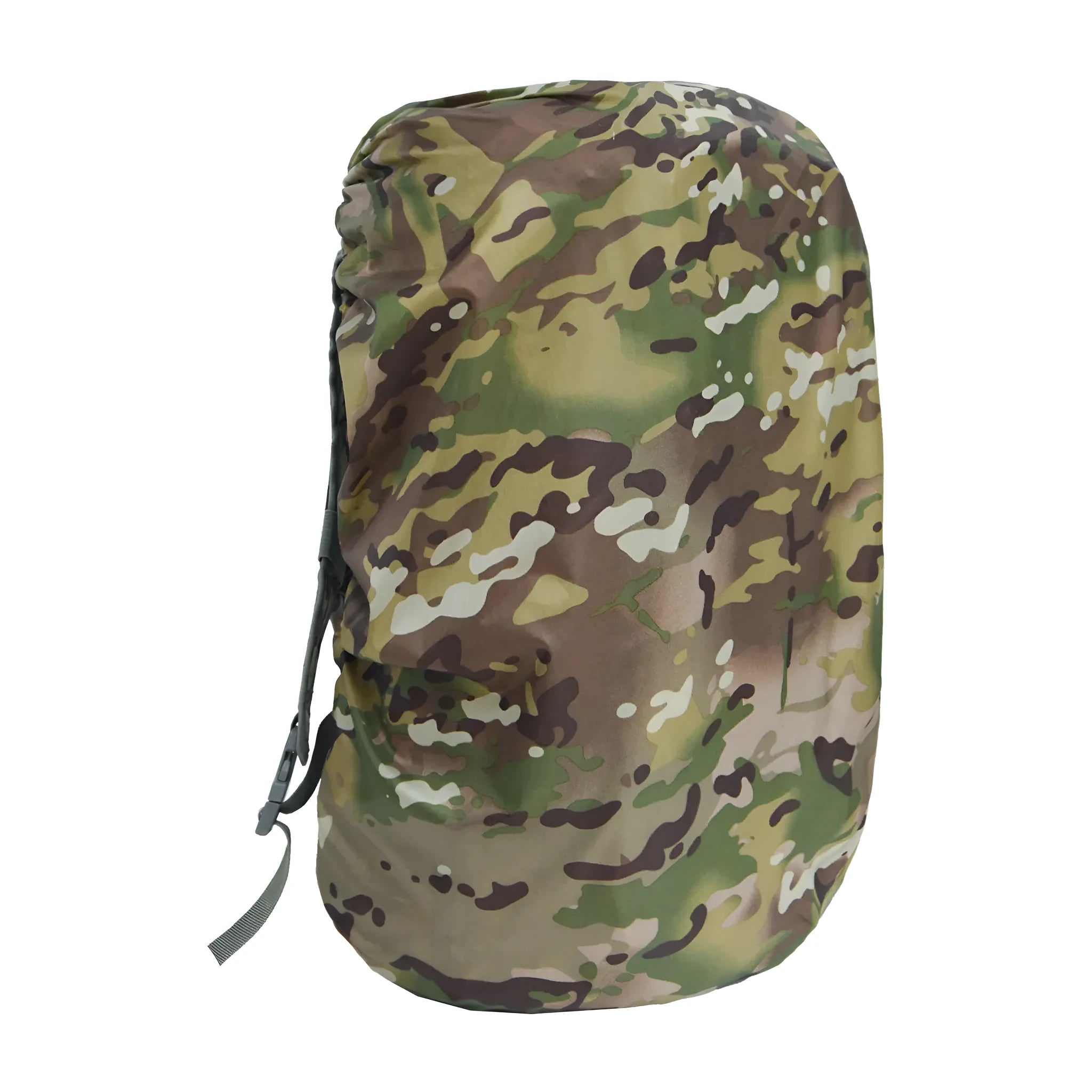 Army green backpack rain cover laid flat, designed to fit over an 80-litre capacity bag.