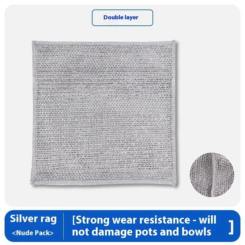 Silver silk double-sided scouring pad with steel wire ball and microfiber, shown in 20cm and 25cm sizes.