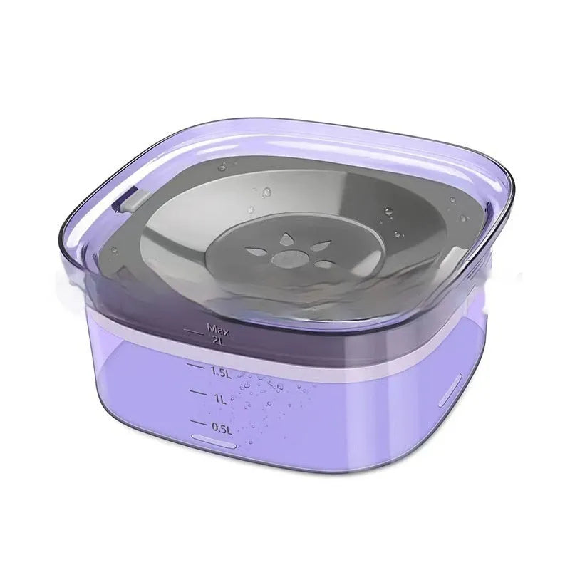 Transparent 70oz/2L dog water bowl with visible water level and floating disk