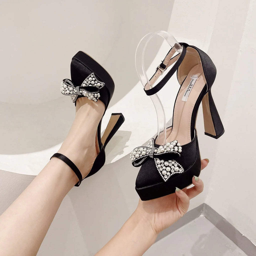 Women's satin bow pointed-toe pumps sandals in black with loop dressing style