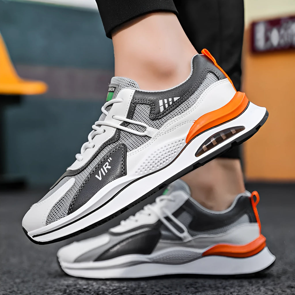 Men's grey mesh running shoes with breathable upper and lightweight EVA sole for jogging
