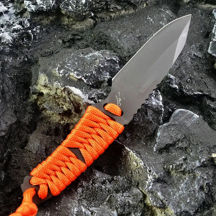 Outdoor camping survival knife with 80mm sanded 5Cr15 blade and rope handle