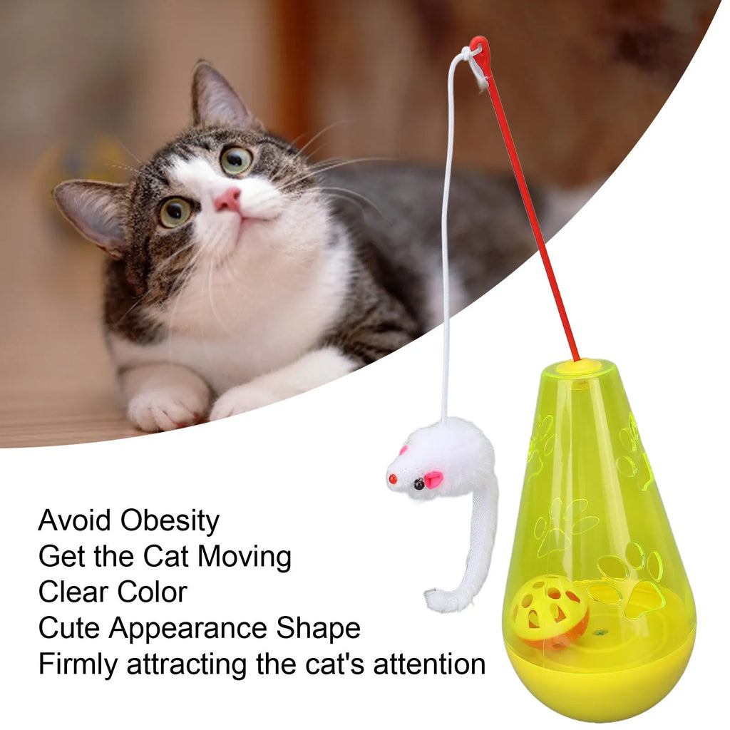 Cat toy with built-in bell ball and plush mouse stick on floor, blue colour, 30cm height