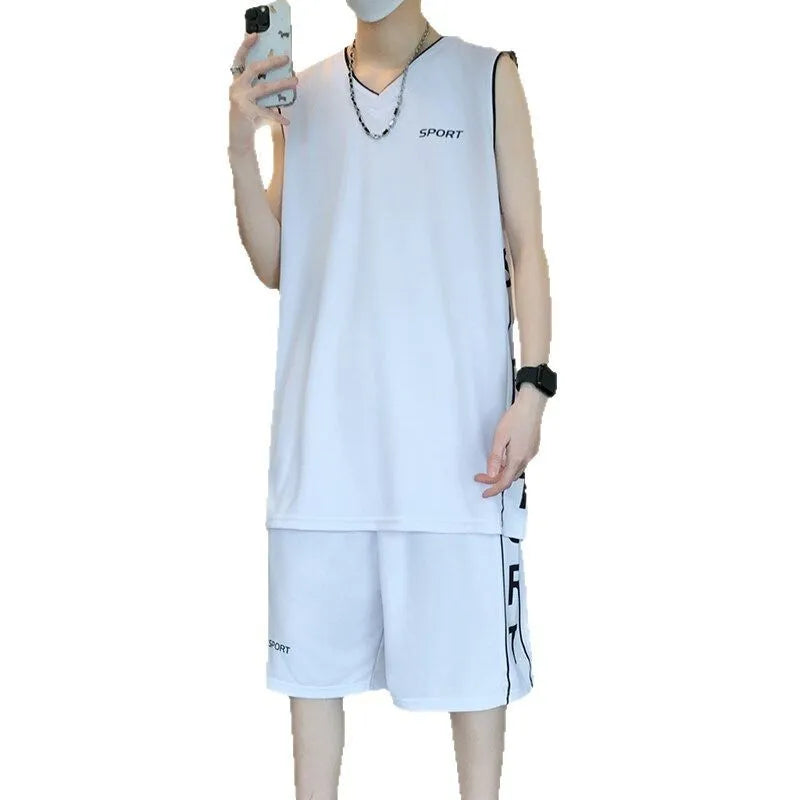 Basketball wear short sleeve vest leisure sports suit in polyester fibre, sleeveless top and shorts, summer men's activewear set