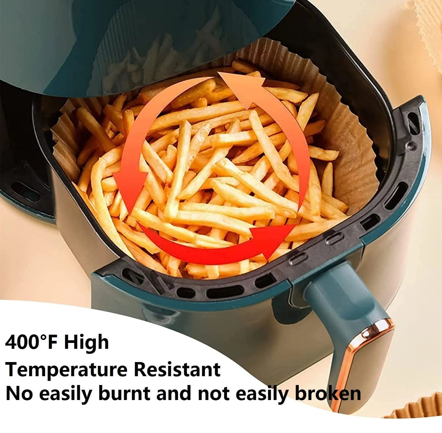 White round disposable food-grade parchment air fryer liner with 4.5cm raised edge, 16cm diameter