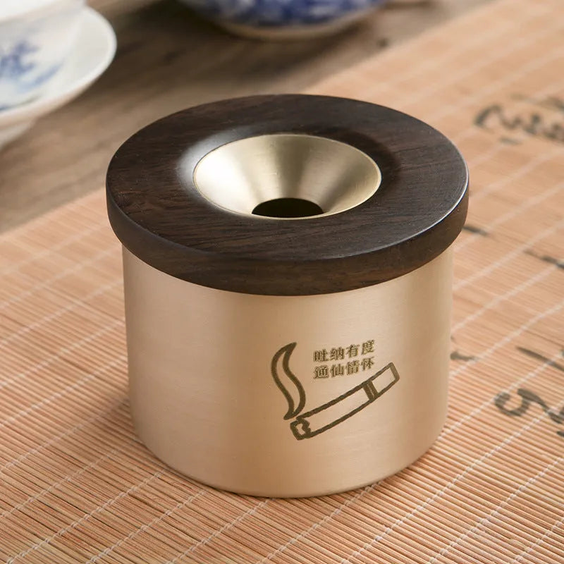 Solid brass copper ashtray with a wooden lid in retro style for home use