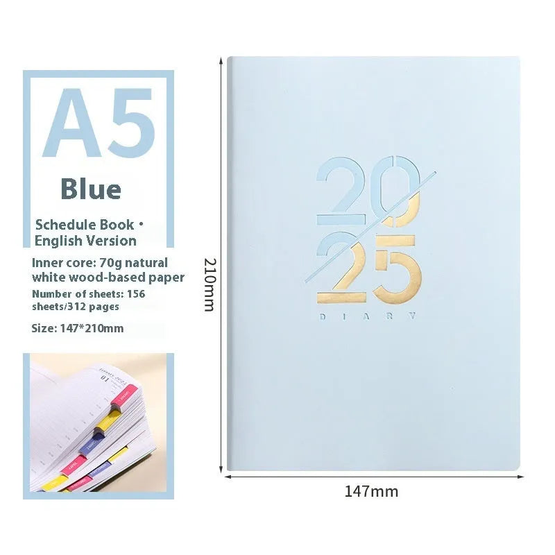 2025 A5 daily plan schedule book with soft faux leather cover in blue, pink, yellow, purple and green