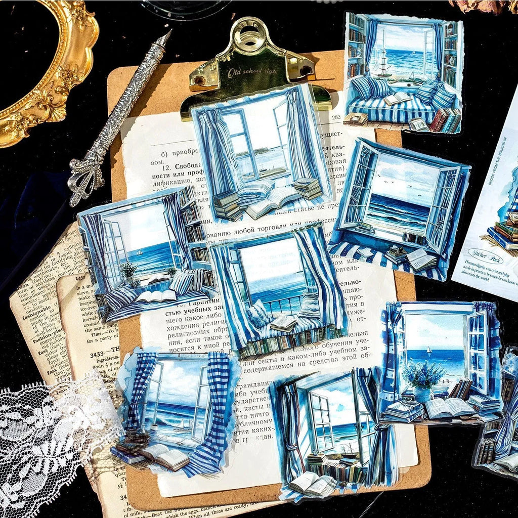 Set of retro-style decorative journal stickers featuring six different printed window scene designs.