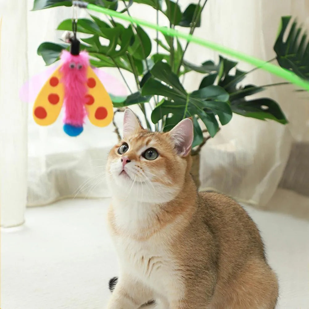 Cat wand toy with 49cm ABS stick, colourful dragonfly lure, and small bell for indoor cat interactive play