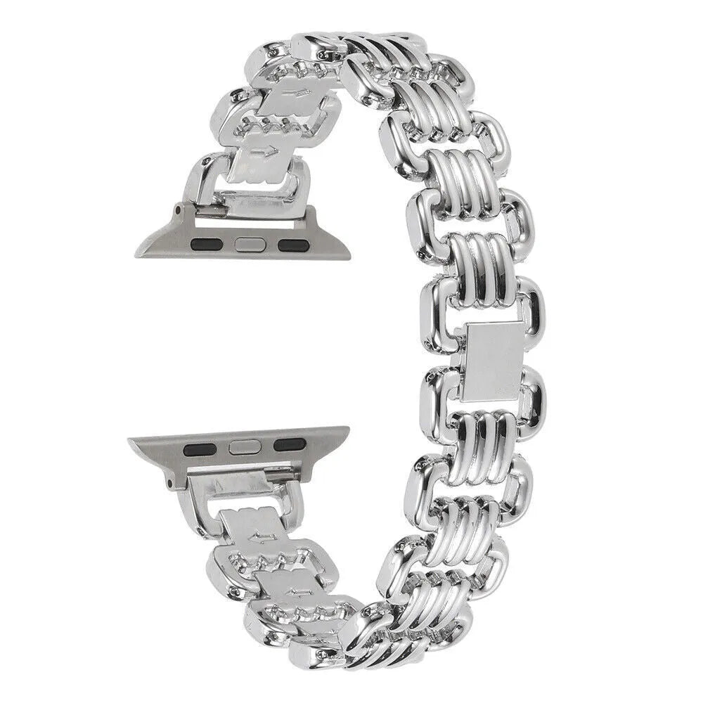 Alloy metal replacement bracelet for Apple Watch in silver, black, gold, rose gold, and Starlight colours.