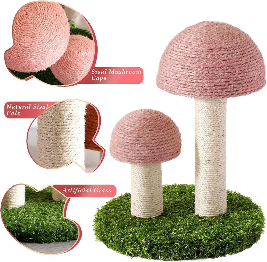 Pink mushroom-shaped cat scratching post with sisal-covered pole for kittens and small cats