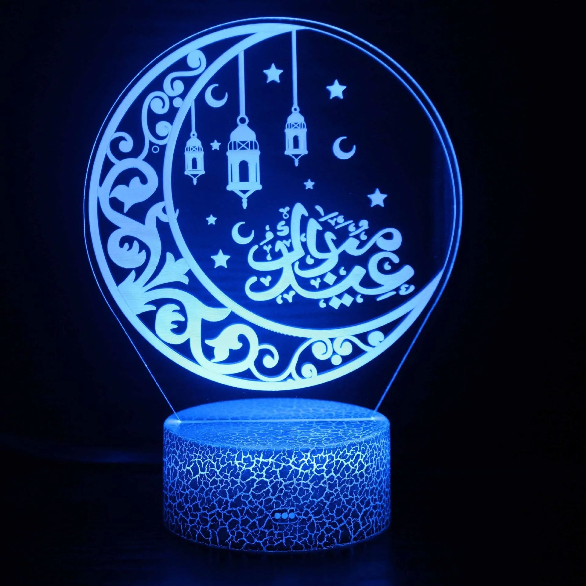 3D small night lamp with colourful LED lighting, touch and remote control, and USB power supply on a bedside table