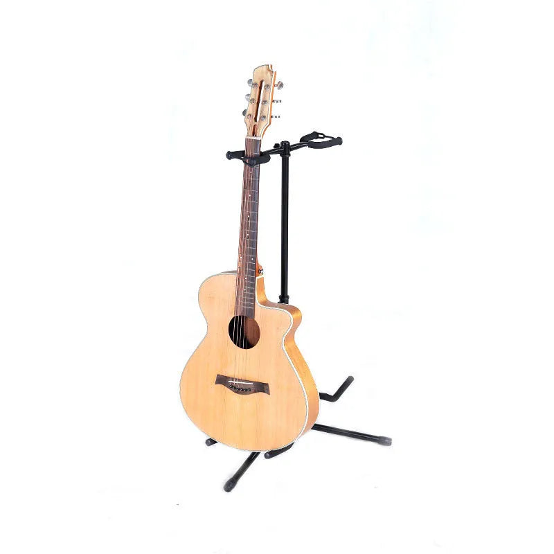 Black vertical double-headed iron guitar stand holding an acoustic guitar upright.