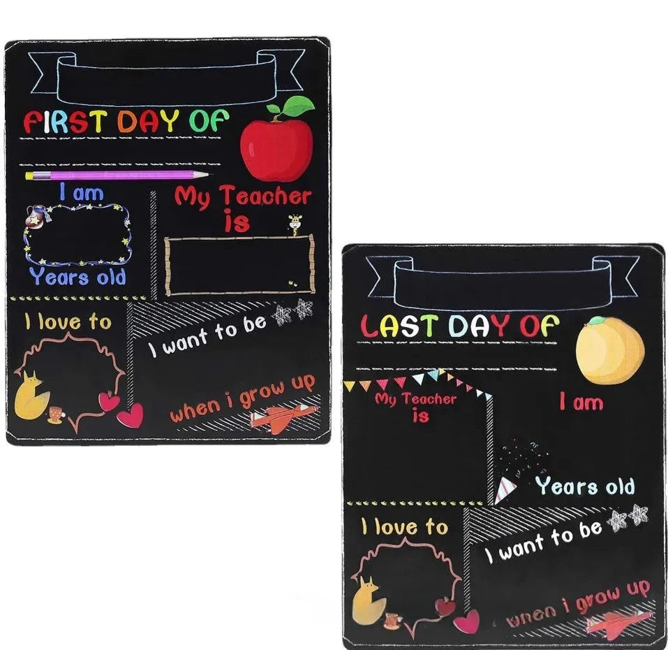 Wooden first day of school blackboard sign with modern design showing dimensions