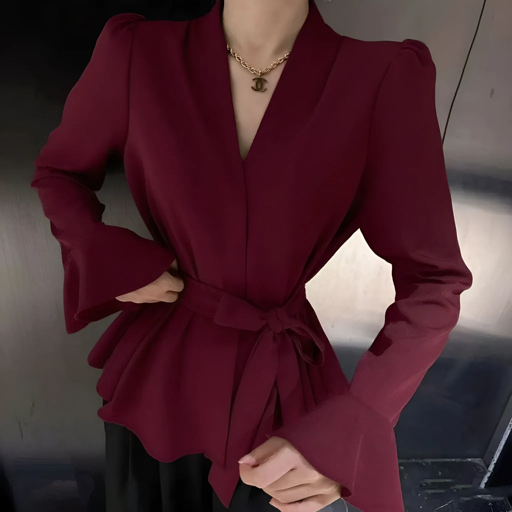 Women's French-style shirt with irregular collar design and long bell sleeves in polyester fabric