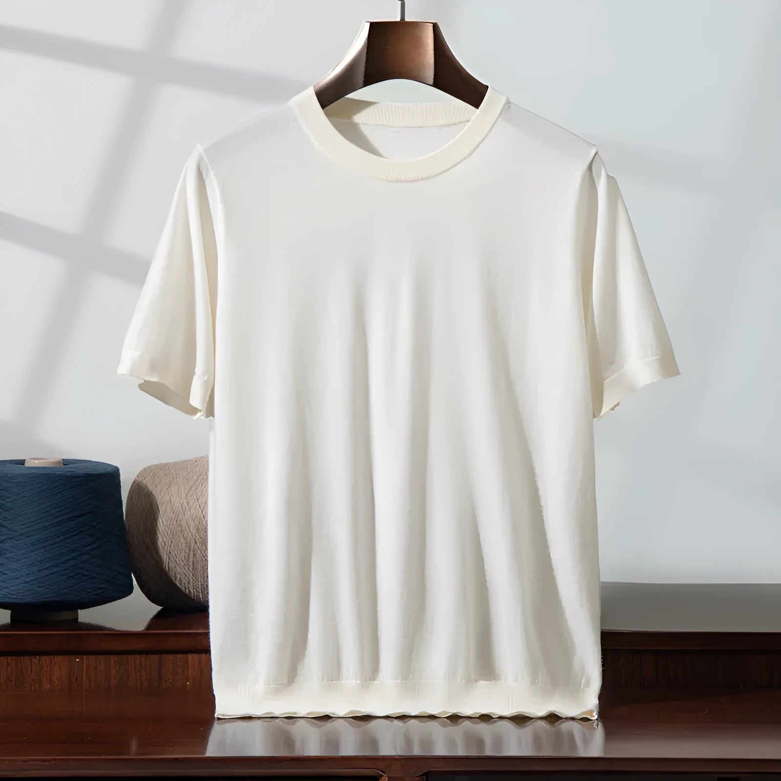 Men's knitted thin short sleeve round neck loose casual top in multiple colours: white, glacier blue, dark blue, black, cocoa brown, light gray, elegant beige, rock gray