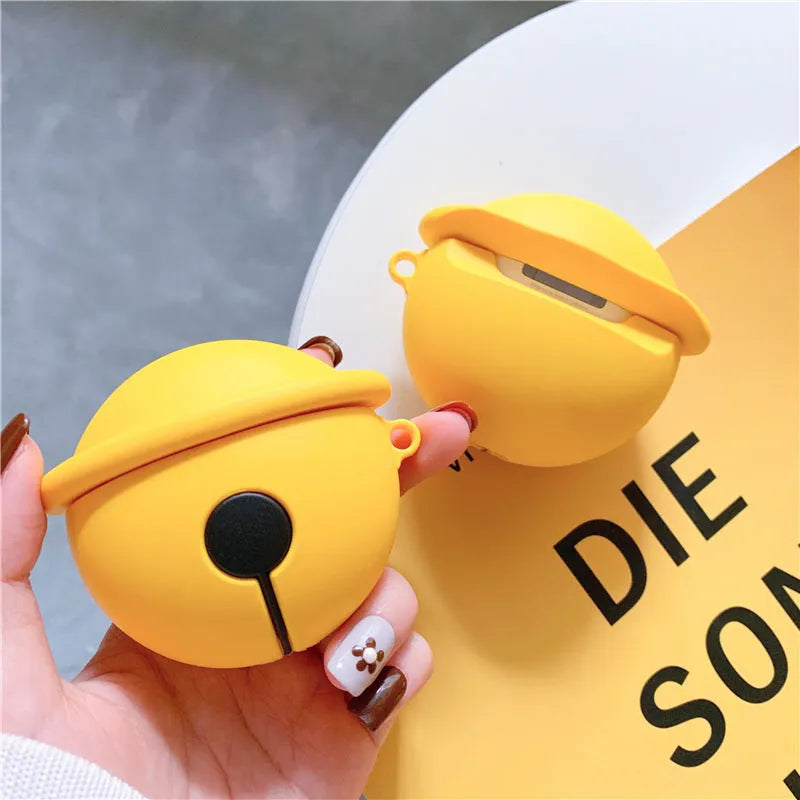 Bright yellow silicone case with a bell charm for Apple AirPods 1 and 2 generation.