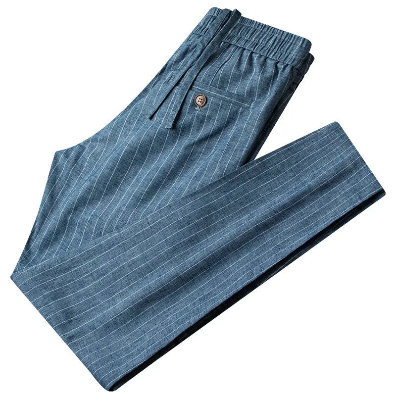 Men's casual linen striped trousers in blue gray with elastic waist and straight leg