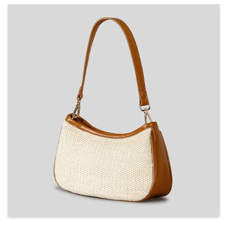 Khaki hand-woven straw crossbody bag with PP grass weave and single shoulder strap