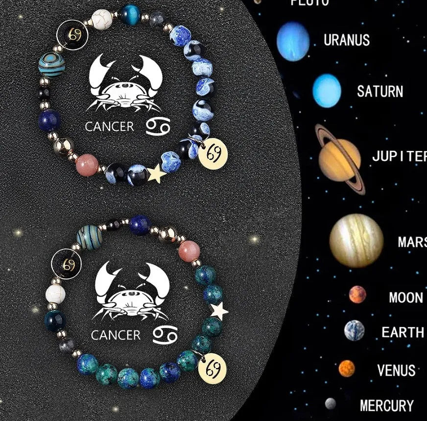 Natural stone beaded zodiac bracelet set showing twelve astrology styles with adjustable design