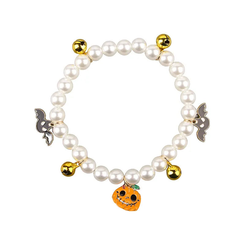 Halloween cat collar with simulated pearl necklace decoration in pumpkin designs