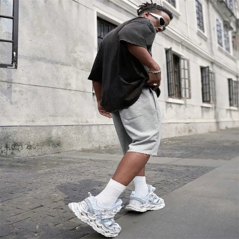 Men's medium long street hip-hop trousers in black, light gray, and green polyester fibre straight leg