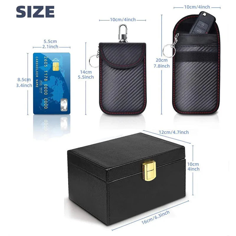 Carbon fibre anti-theft swiping box set with 2 key cases, PU exterior, nano shielding lining, black colour