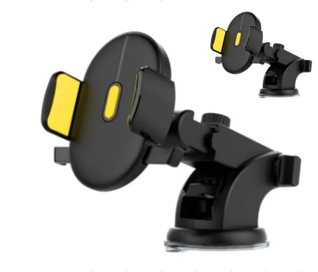 Black telescopic car dashboard phone holder with extended arm and gel suction cup mounted on a textured surface.