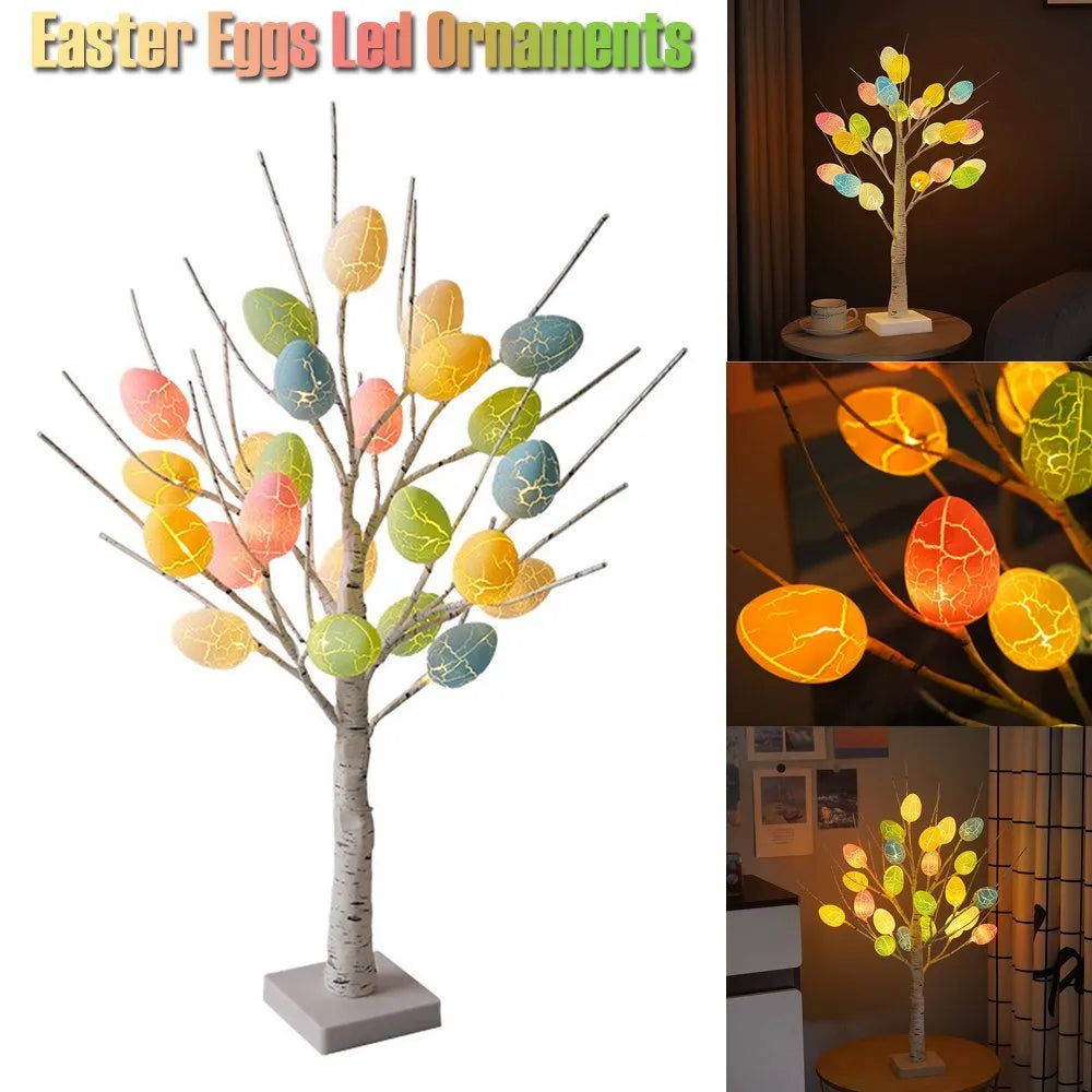 60cm LED birch tree with warm white lights and cracked egg ornaments on a tabletop