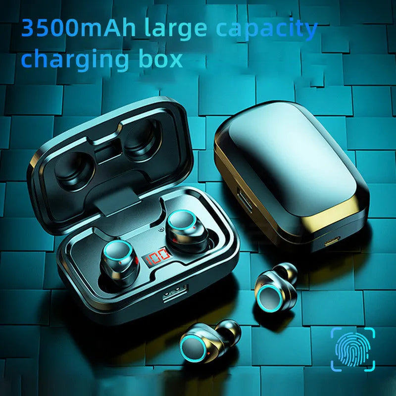 X10 Bluetooth earbuds in black with charging box and spare headphone covers