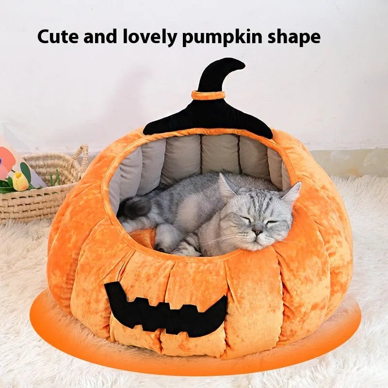 Winter warm pet Halloween nest cat bed in orange pumpkin design, cloth material