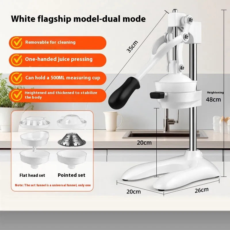 Manual commercial orange juice juicer with stainless steel components and plastic frame
