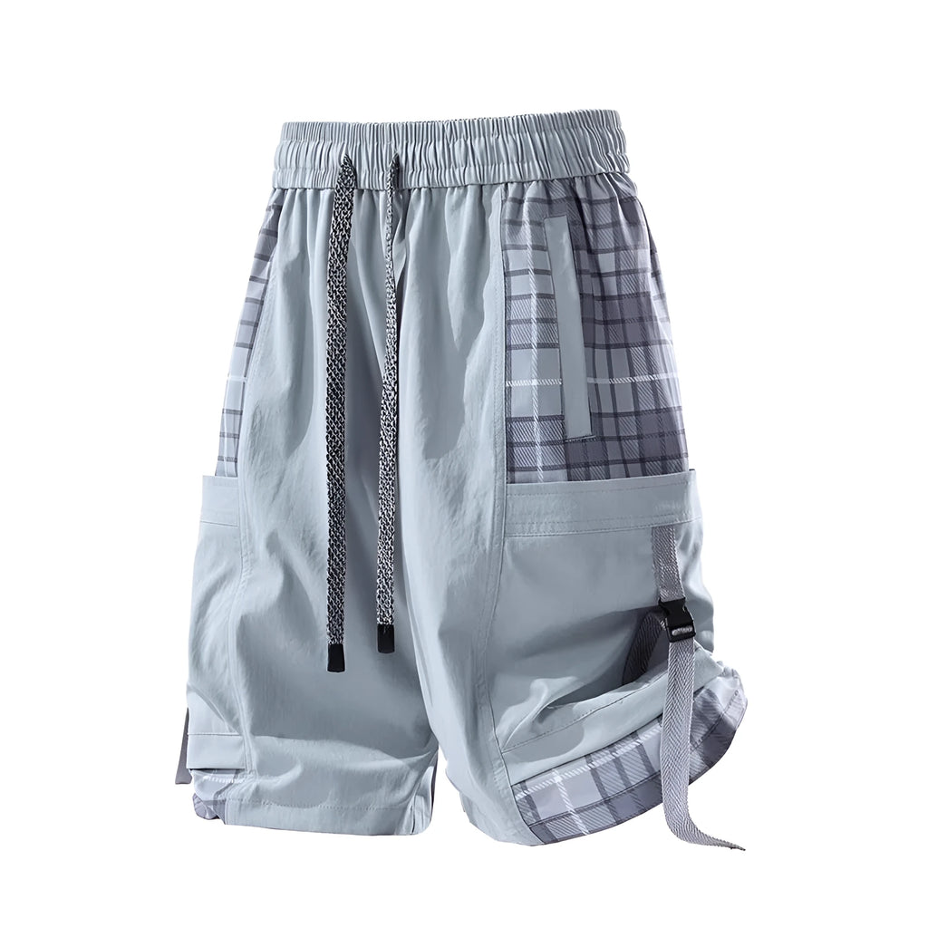 Men's loose cargo shorts with plaid stitching detail in polyester fabric, available in three colour options