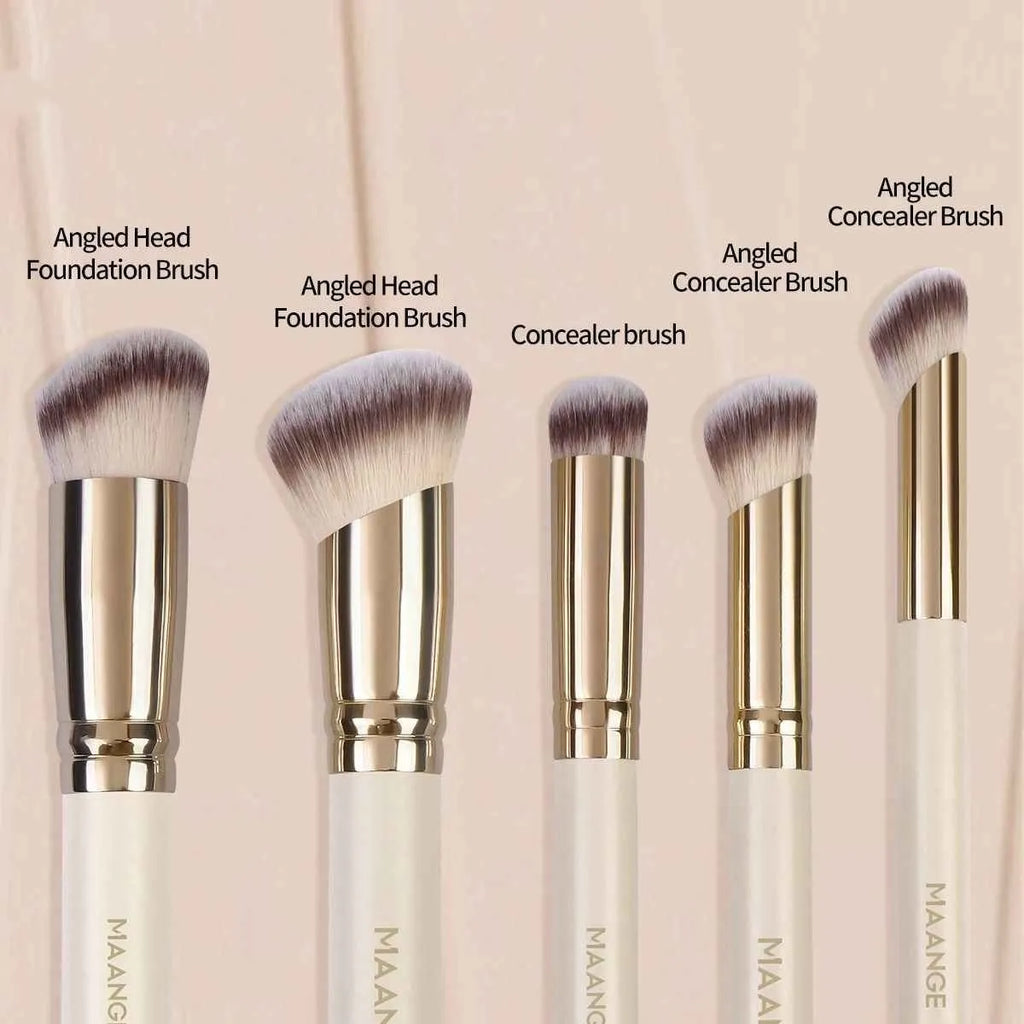 MAANGE set of five apricot-coloured makeup brushes with angled blusher brush on a white background.