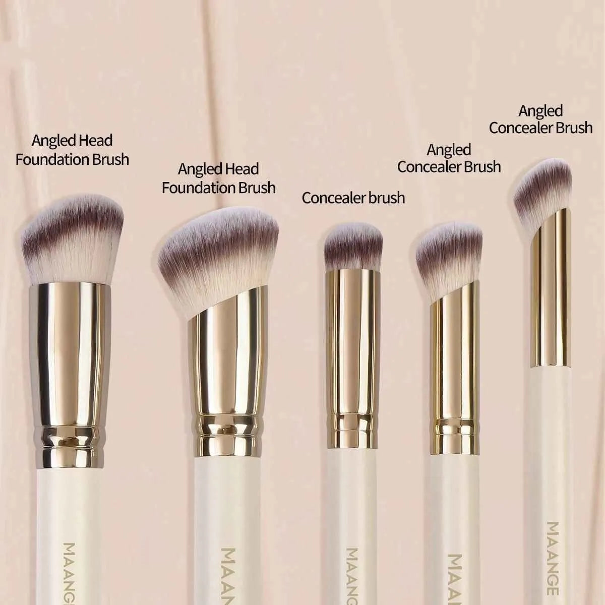 MAANGE set of five apricot-coloured makeup brushes with angled blusher brush on a white background.