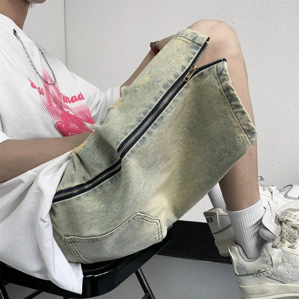 Men's retro blue ripped denim shorts with loose five-point cut and straight leg opening