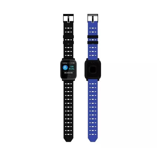 A6 model smart bracelet with a colour screen and blue silicone strap on a wrist.