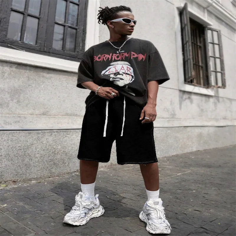 Men's medium long street hip-hop trousers in black, light gray, and green polyester fibre straight leg