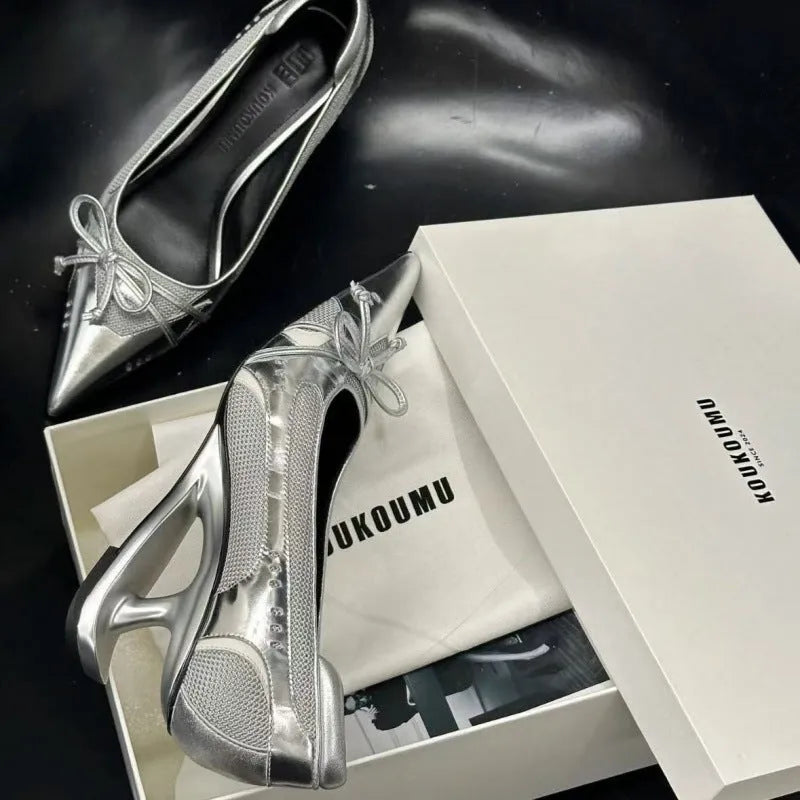 Women's black pointed toe Mary Jane high heels with special-shaped floating heel and shallow opening