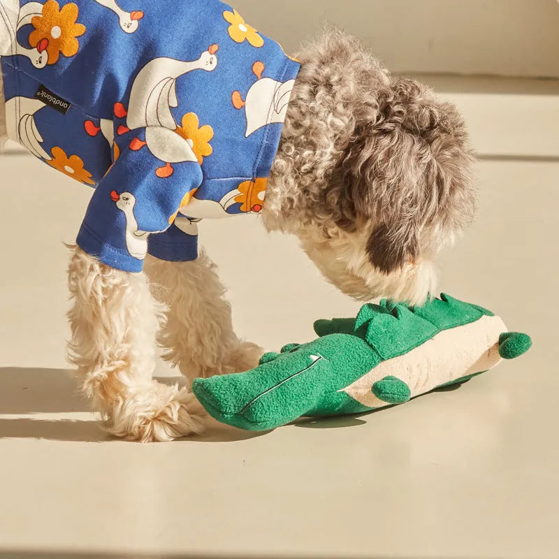 Green plush dog toy measuring 35cm by 18cm, lightweight soft pet plaything for small animals