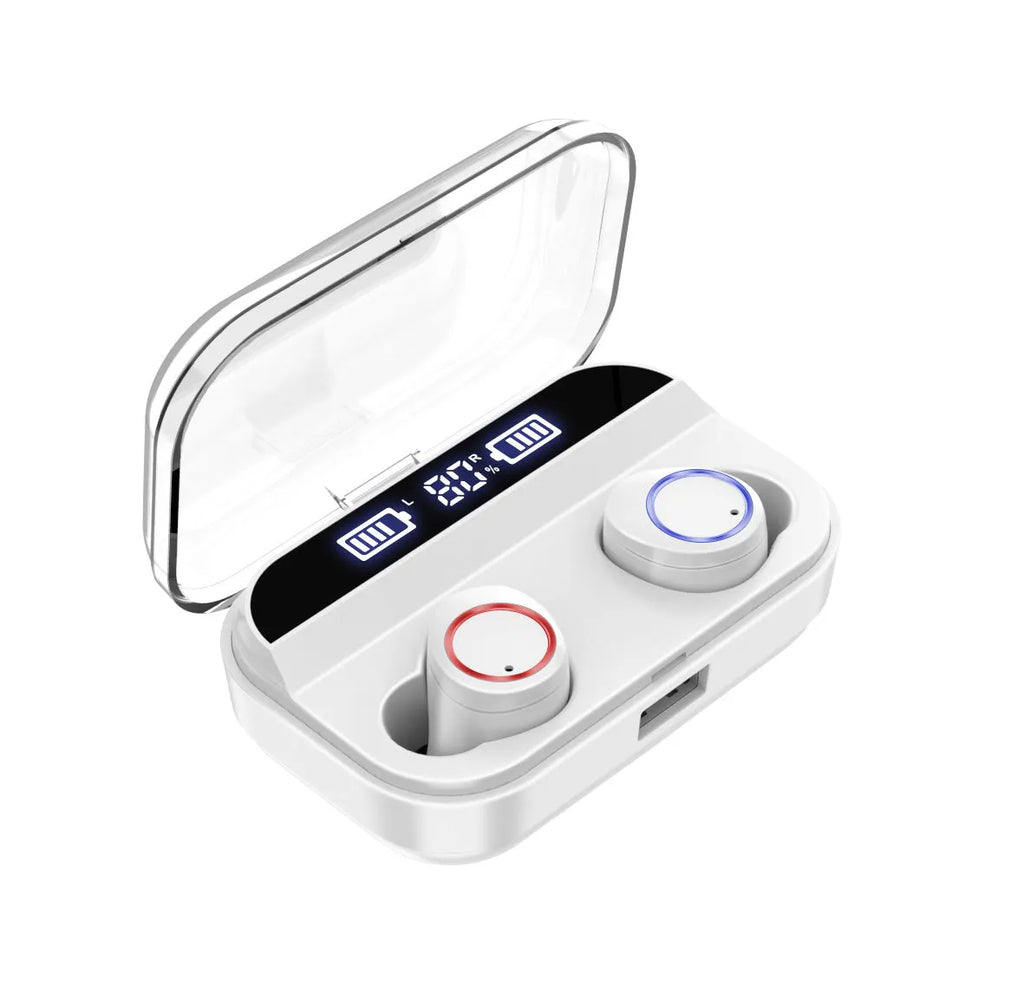 X11 Bluetooth wireless earbuds in black with charging case and multiple ear tip sizes