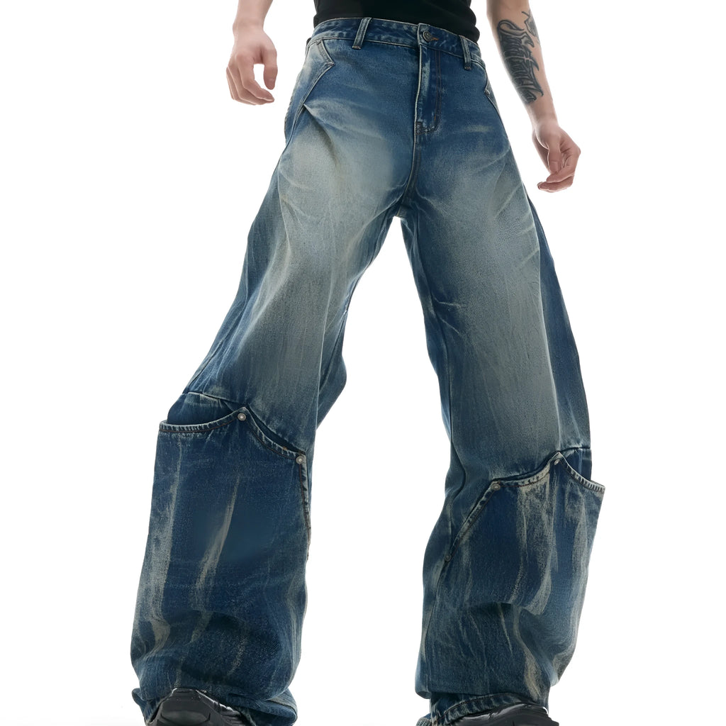 Men's verdant blue retro washed jeans with burst pattern and curved knife design in loose fit